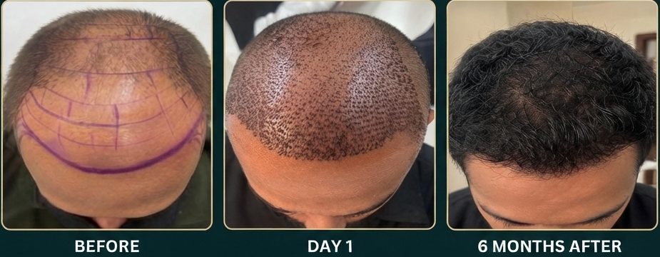 Sapphire hair transplant: before, day 1, 6 months before and after